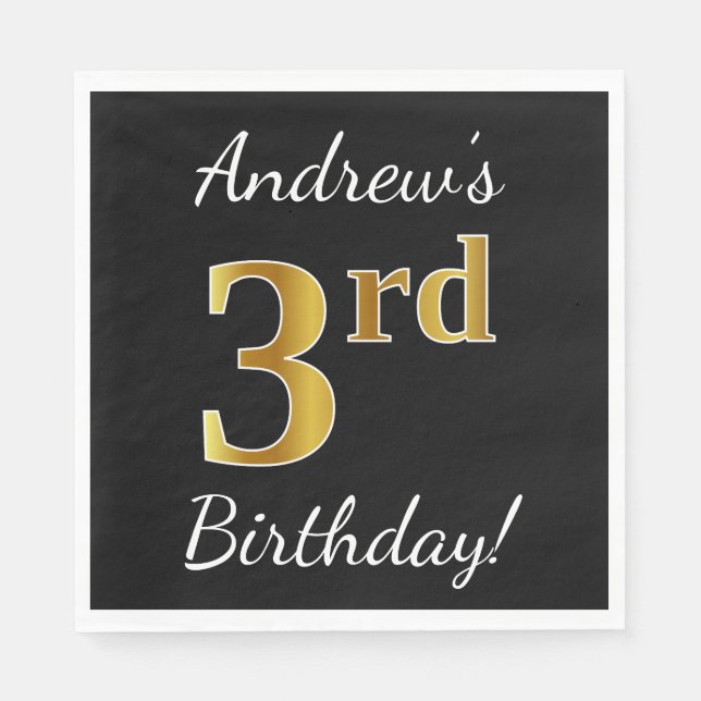Servilleta De Papel Negro, Faux Gold 3º cumpleaños + Nombre personaliz (Anverso)