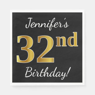 Servilleta De Papel Negro, Faux Gold 32nd Birthday + Nombre personaliz