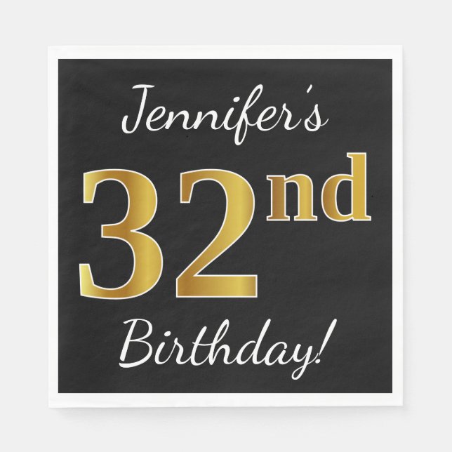 Servilleta De Papel Negro, Faux Gold 32nd Birthday + Nombre personaliz (Anverso)