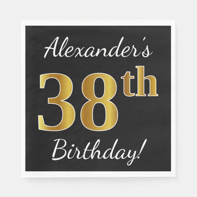 Servilleta De Papel Negro, Faux Gold 38th Birthday + Nombre personaliz (Anverso)