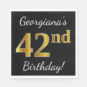 Servilleta De Papel Negro, Faux Gold 42nd Birthday + Nombre personaliz