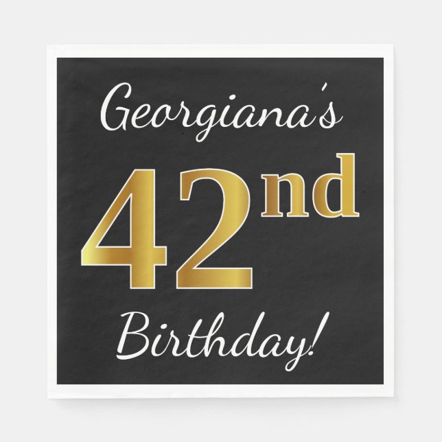 Servilleta De Papel Negro, Faux Gold 42nd Birthday + Nombre personaliz (Anverso)