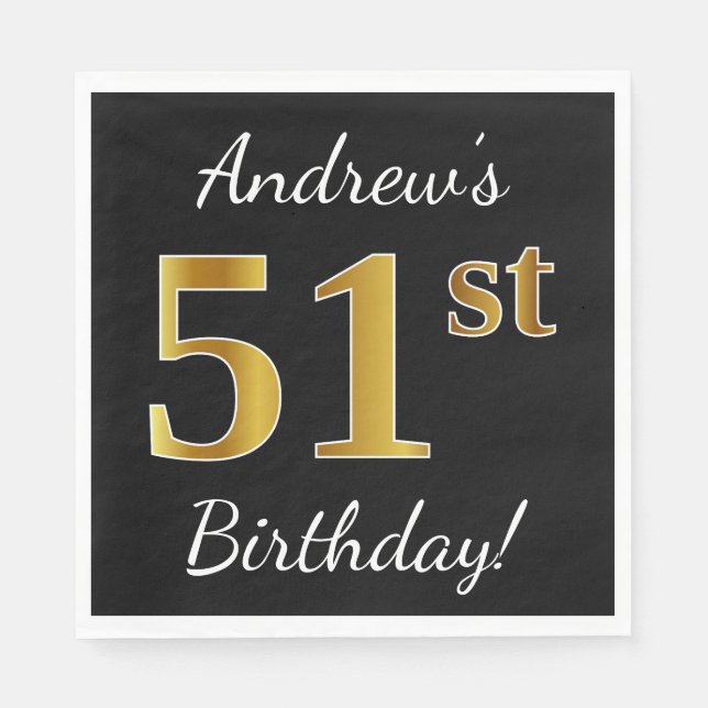 Servilleta De Papel Negro, Faux Gold 51st Birthday + Nombre personaliz (Anverso)