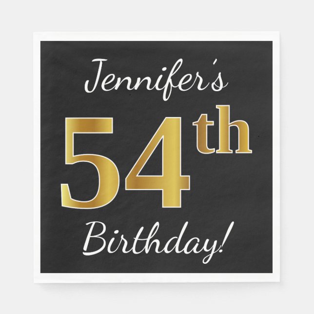 Servilleta De Papel Negro, Faux Gold 54th Birthday + Nombre personaliz (Anverso)