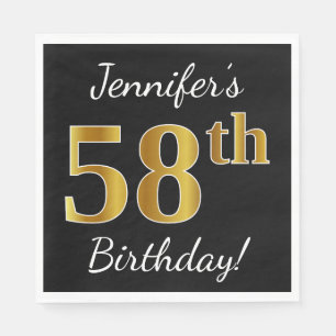 Servilleta De Papel Negro, Faux Gold 58th Birthday + Nombre personaliz