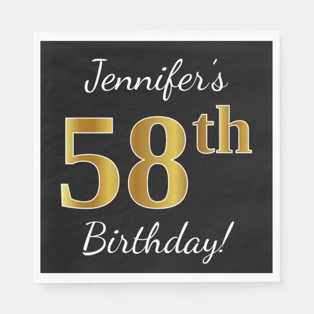 Servilleta De Papel Negro, Faux Gold 58th Birthday + Nombre personaliz (Anverso)