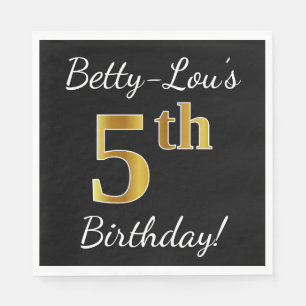Servilleta De Papel Negro, Faux Gold 5 cumpleaños + Nombre personaliza
