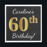 Servilleta De Papel Negro, Faux Gold 60th Birthday   Nombre personaliz<br><div class="desc">Este sencillo diseño de servilletas de papel muestra un mensaje como "¡El cumpleaños número 60 de Caroline!", con el "60" en un falso aspecto dorado, en un fondo de color negro. El nombre se puede personalizar. Se podría usar en una fiesta de cumpleaños para alguien que esté celebrando su sexagésimo...</div>