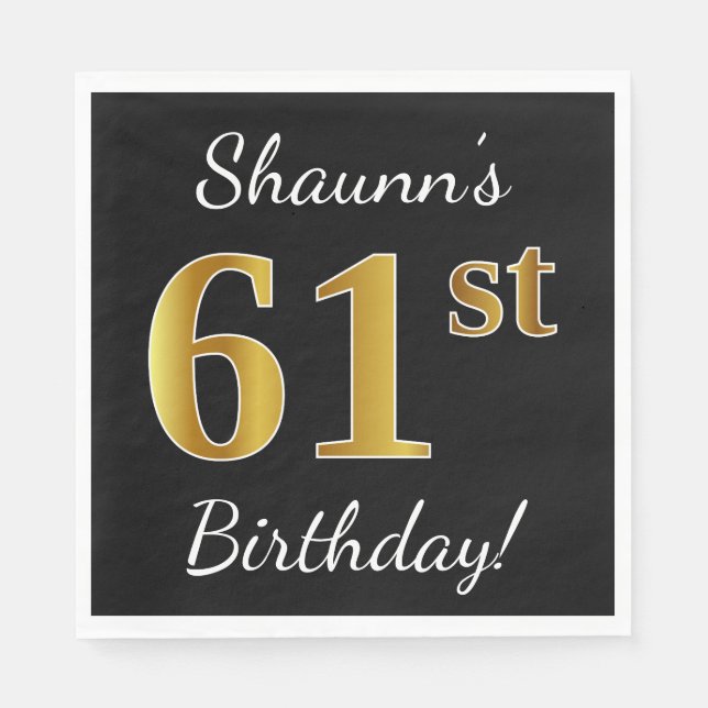 Servilleta De Papel Negro, Faux Gold 61st Birthday + Nombre personaliz (Anverso)