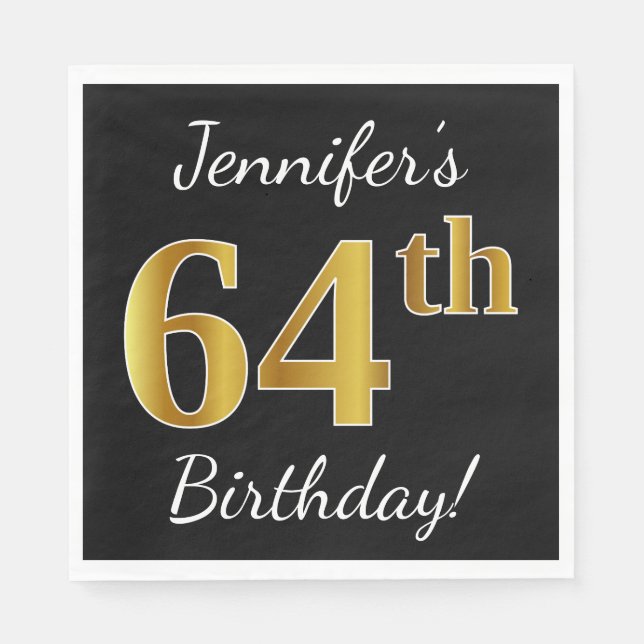 Servilleta De Papel Negro, Faux Gold 64th Birthday + Nombre personaliz (Anverso)