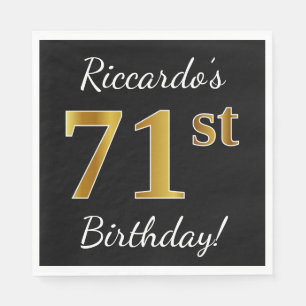 Servilleta De Papel Negro, Faux Gold 71st Birthday + Nombre personaliz