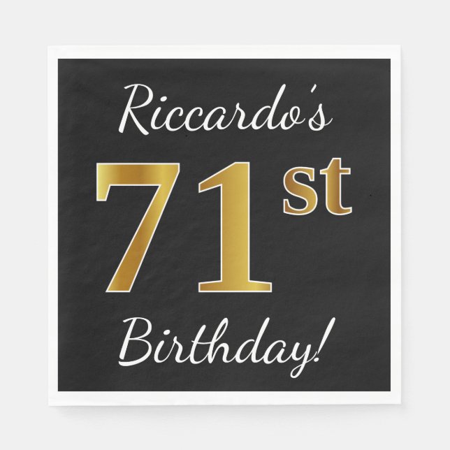Servilleta De Papel Negro, Faux Gold 71st Birthday + Nombre personaliz (Anverso)