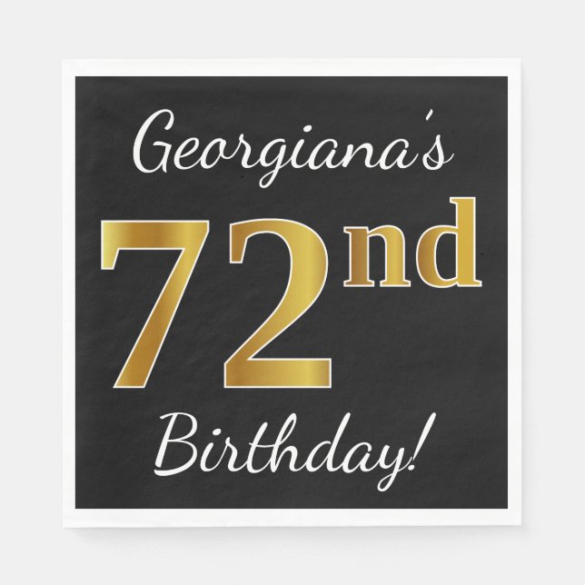 Servilleta De Papel Negro, Faux Gold 72nd Birthday + Nombre personaliz (Anverso)