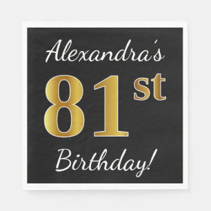 Servilleta De Papel Negro, Faux Gold 81st Birthday + Nombre personaliz