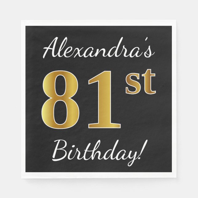 Servilleta De Papel Negro, Faux Gold 81st Birthday + Nombre personaliz (Anverso)