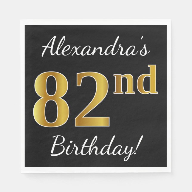 Servilleta De Papel Negro, Faux Gold 82nd Birthday + Nombre personaliz (Anverso)