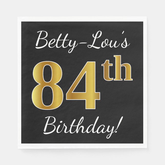 Servilleta De Papel Negro, Faux Gold 84th Birthday + Nombre personaliz (Anverso)