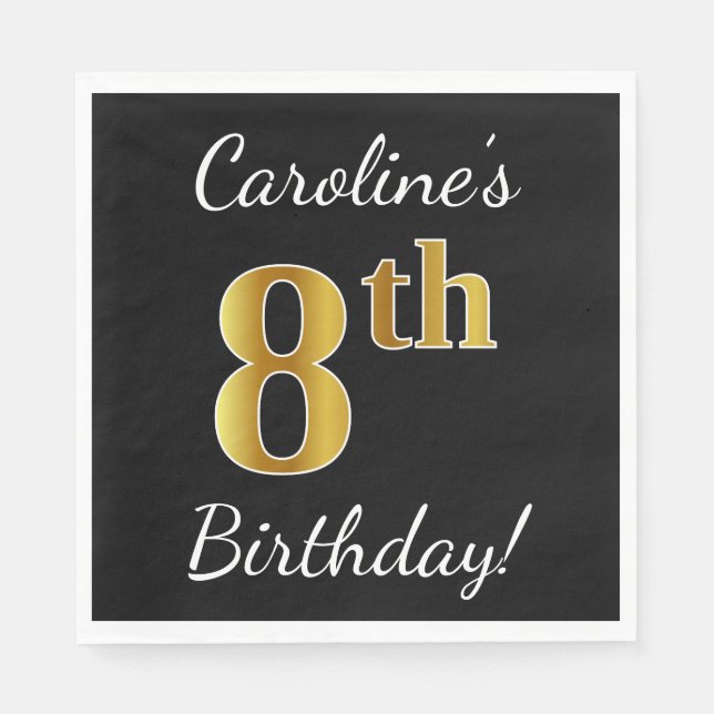 Servilleta De Papel Negro, Faux Gold 8Cumpleaños + Nombre Personalizad (Anverso)