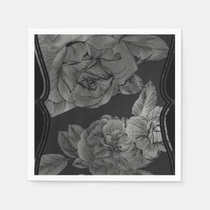 Servilleta De Papel Negro Gris Plateado Vintage Elegante Glam Floral