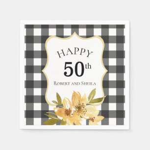Servilleta De Papel Negro y Blanco Floral Amarillo 50 Aniversario