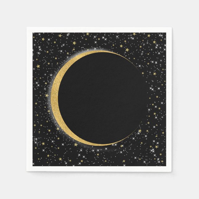 Servilleta De Papel Negro y dorado estrellas lunares mágicas celestial (Anverso)