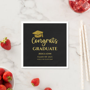 Servilleta De Papel Negro y Dorado Felicidades Graduado Graduación