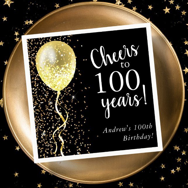 Servilleta De Papel Negro y oro | 100.º cumpleaños en globo Purpurina (Subido por el creador)