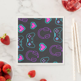Servilleta De Papel Neon Gamer Controller and Hearts Pattern