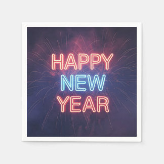Servilleta De Papel Neon "Happy New Year" Typography with Fireworks
