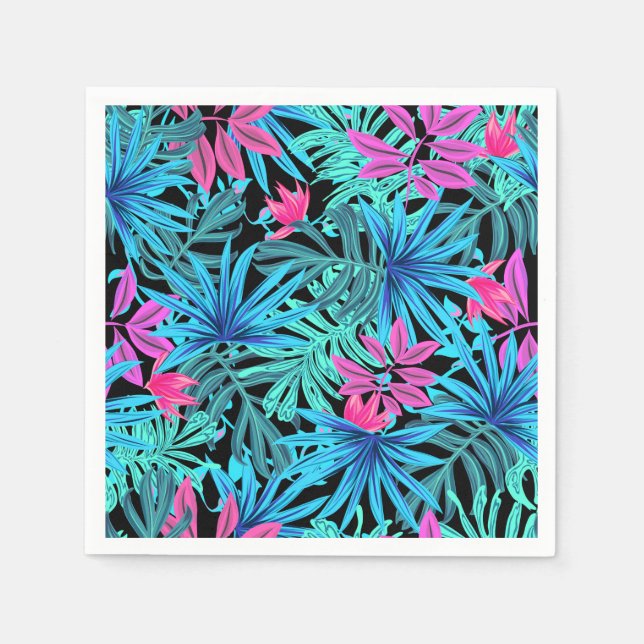 Servilleta De Papel Neon Pink and Blue Tropical Plant Pattern (Anverso)
