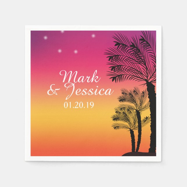 Servilleta De Papel Neon Pink Ombre Tropical Tree Sunset Beach (Anverso)