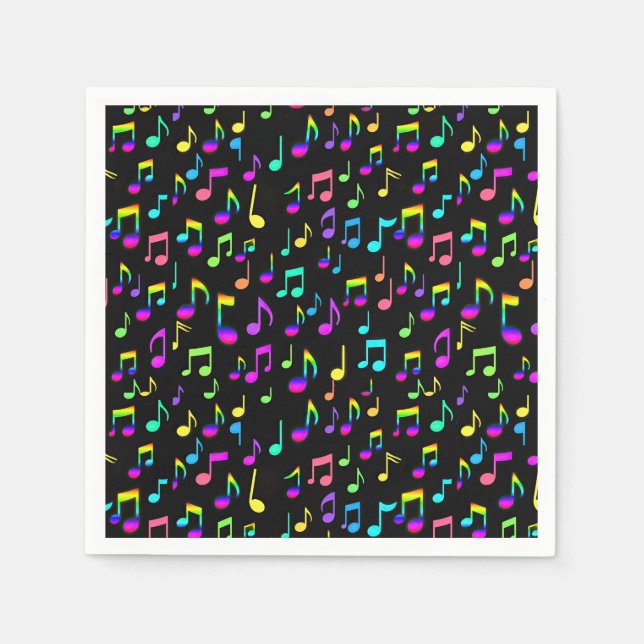 Servilleta De Papel Neon Rainbow Musical Notes On Black (Anverso)
