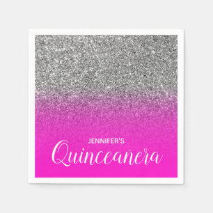 Servilleta De Papel Neón Rosa y Plata Brillo Ombre Quinceañera