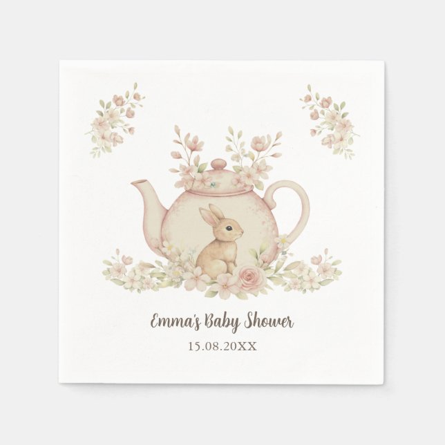 Servilleta De Papel Neutral Bunny & Floral Teapot Baby Shower  (Anverso)