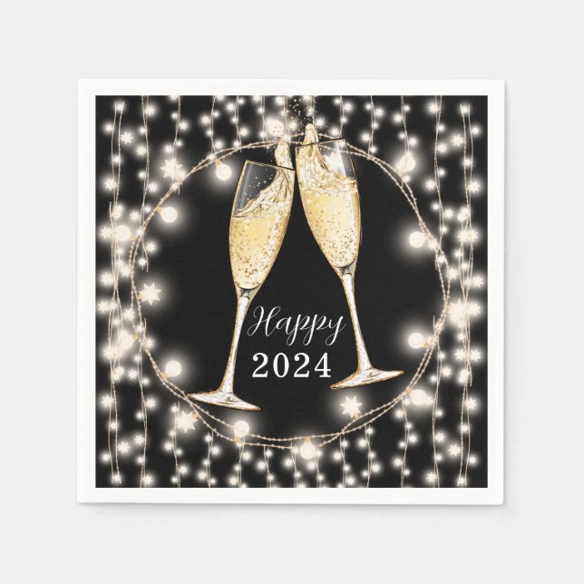 Servilleta De Papel New Years Champagne Glasses String Lights 2024 (Anverso)