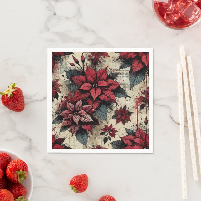 Servilleta De Papel Newsprint Poinsettia Grunge Art Decoupage (In situ)