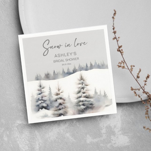 Servilleta De Papel Nieve enamorada bosque de pinos de invierno para d (Snow in love winter pine forest bridal shower template napkins watercolor snowy pines casual font)