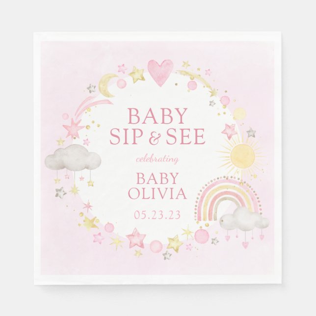Servilleta De Papel Niña Acuarela Arcoíris Bebé Sip And See (Anverso)