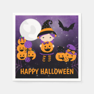 Servilleta De Papel Niña bruja linda y calabazas feliz Halloween