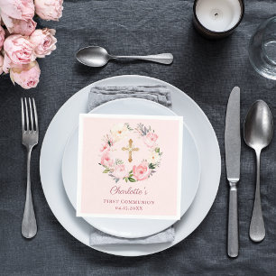 Servilleta De Papel Niña con corona floral de rubor rosa Primera Comun