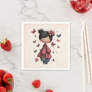 Servilleta De Papel Niña con varita mágica y mariposas Lindo