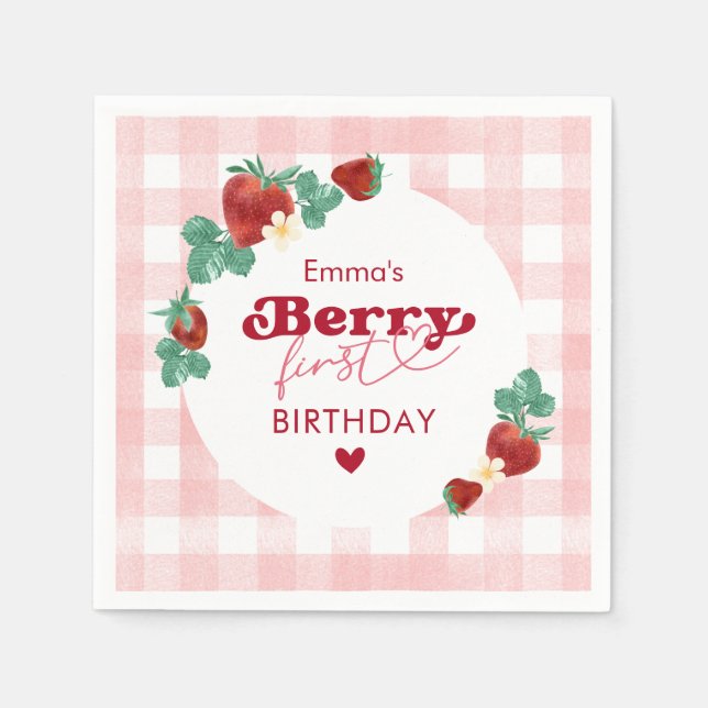 Servilleta De Papel Niña cumpleaños de fresa primera cumpleaños (Anverso)