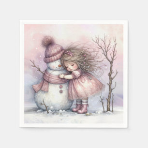 Servilleta De Papel Niña de Navidad abrazando a un muñeco de nieve