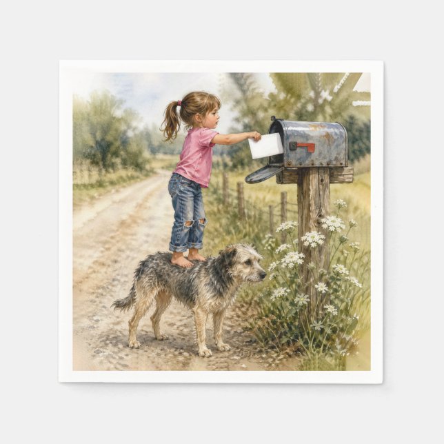 Servilleta De Papel Niña enviando una tarjeta (Anverso)