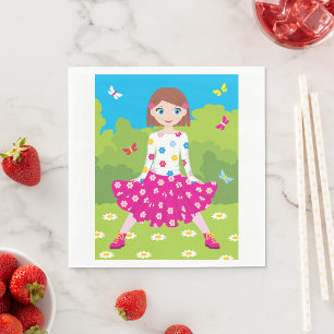 Servilleta De Papel Niña Feliz con Flores y Mariposas