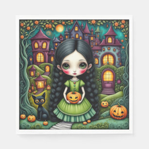 Servilleta De Papel Niña Gótica Adorable Calabaza Pueblo Halloween