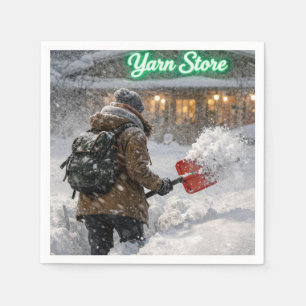 Servilleta De Papel Niña paleando nieve hacia una tienda de hilo