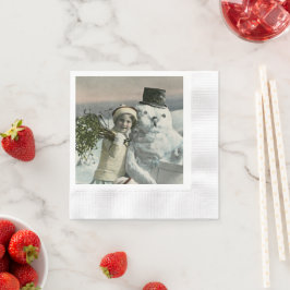 Servilleta De Papel Niña Pequeña de Navidad Vintage con Muñeco de Niev