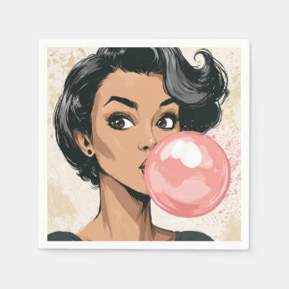 Servilleta De Papel Niña Soplando Burbuja de Chicle Rosa Divertida Lin