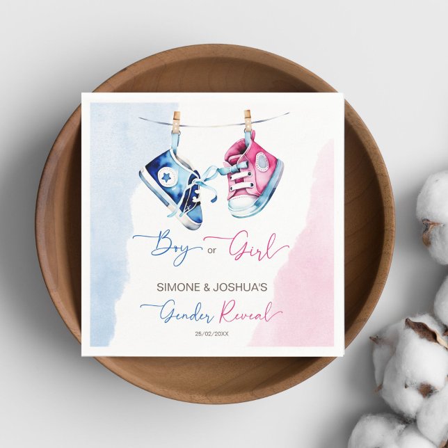 Servilleta De Papel Niñera o chica de sexo azul rosado revelar (Baby sneakers boy or girl pink blue gender reveal party tableware personalized template napkins)